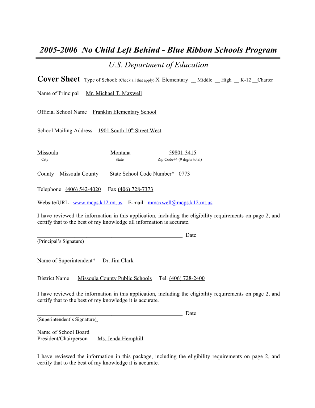 Application: 2005-2006, No Child Left Behind - Blue Ribbon Schools Program (Msword) s6