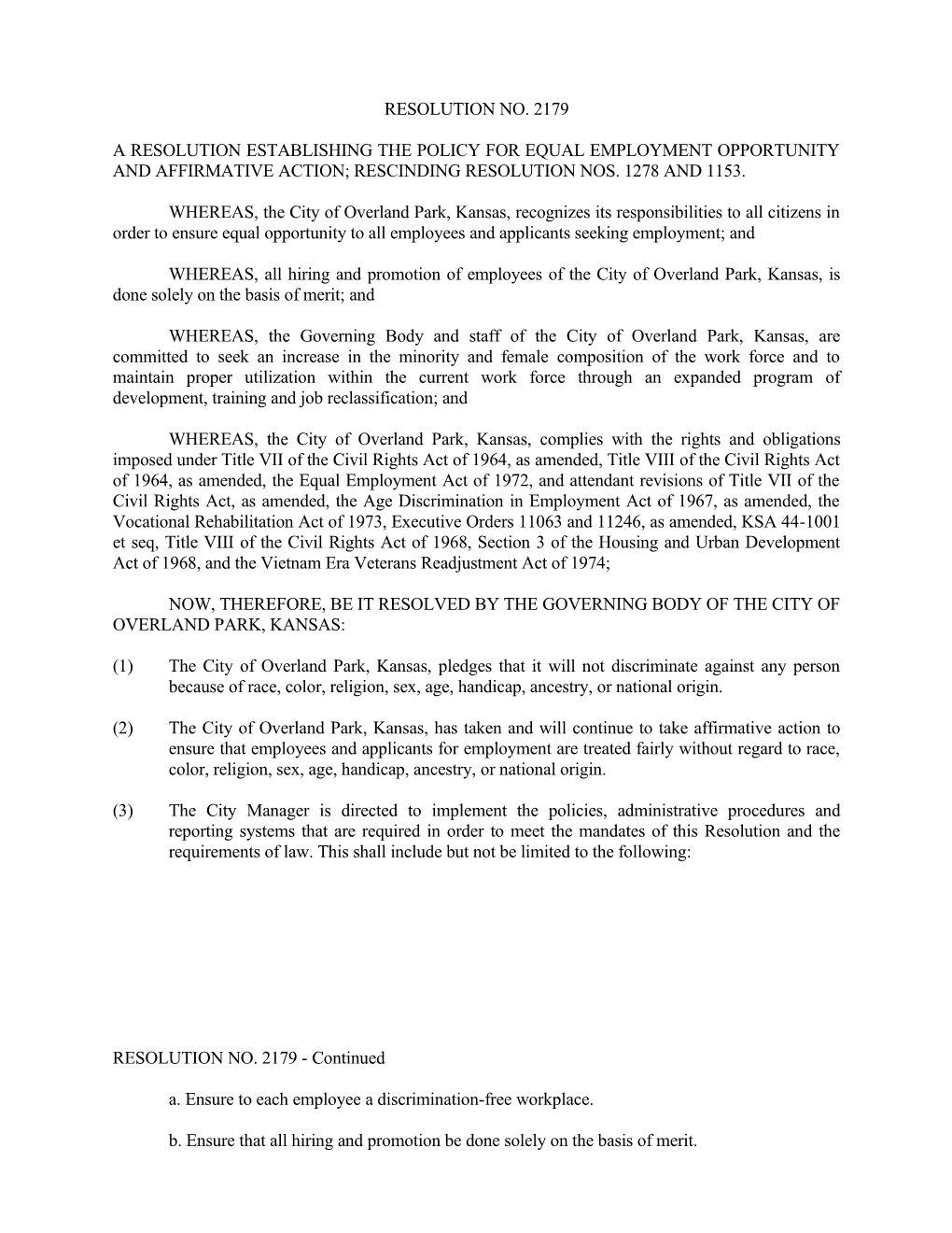 Affirmative Action Plan - Resolution No. 2179 - June 20, 1988