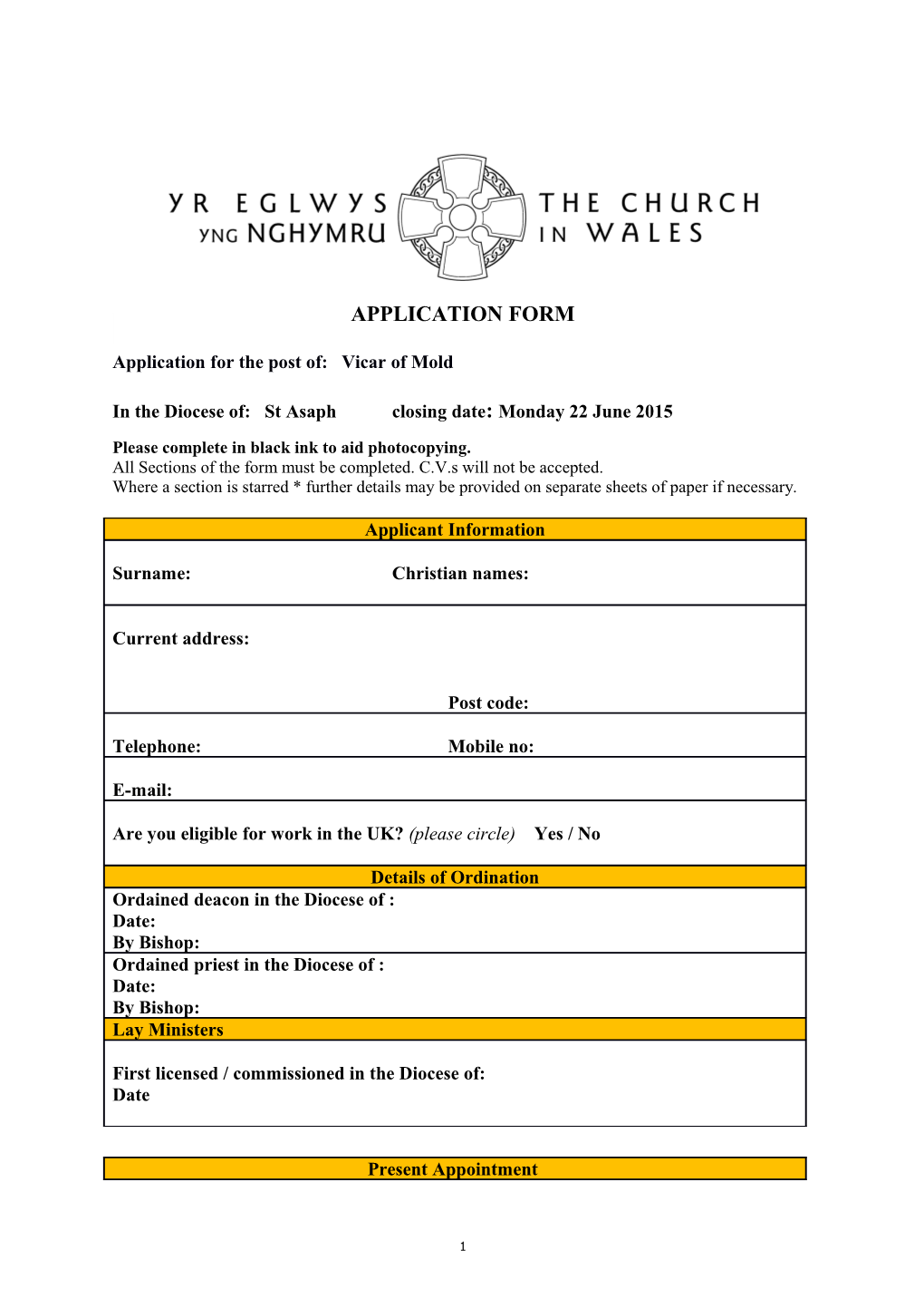 Application for the Post Of: Vicar of Mold