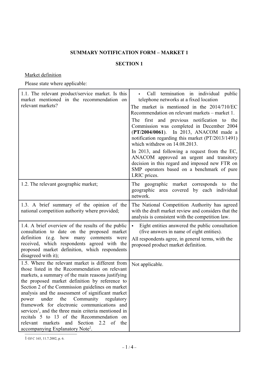 Summary Notification Form Market 1