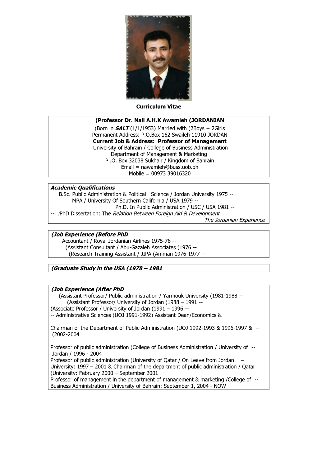 Professor Dr. Nail A.H.K Awamleh (JORDANIAN)