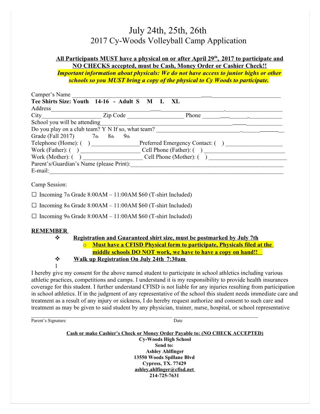 2017 Cy-Woods Volleyball Camp Application