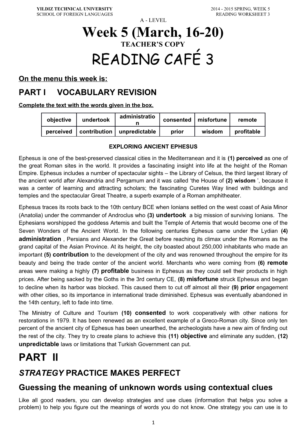 School of Foreign Languages Reading Worksheet 3