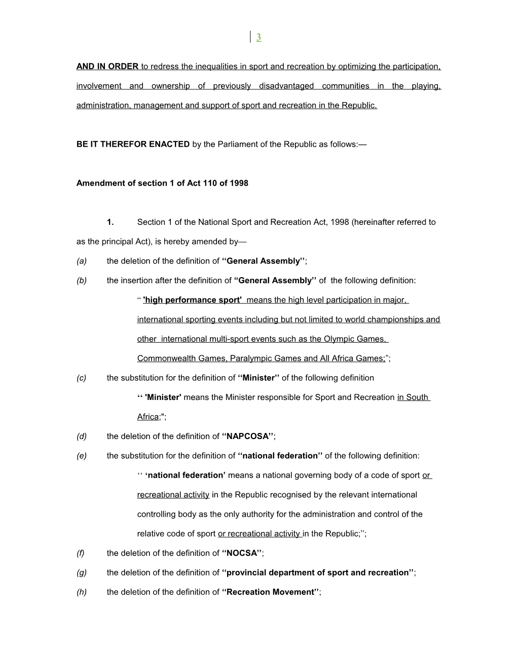 Proposed Amendments to the National Sports and Recreation Amendment Bill