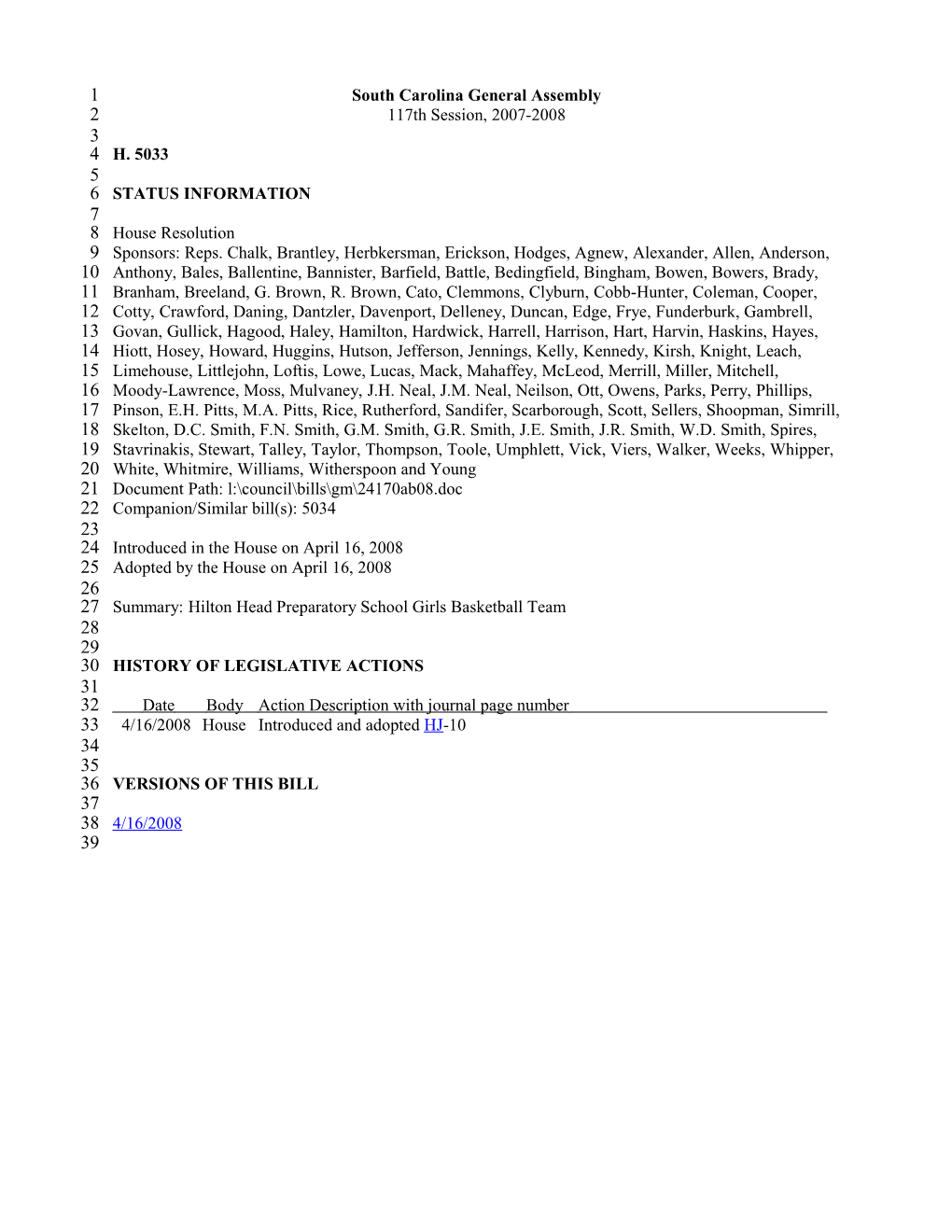 2007-2008 Bill 5033: Hilton Head Preparatory School Girls Basketball Team - South Carolina