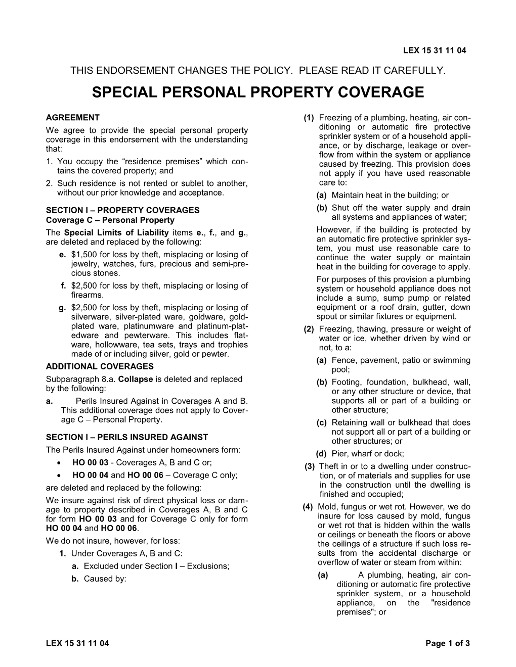 Special Personal Property Coverage