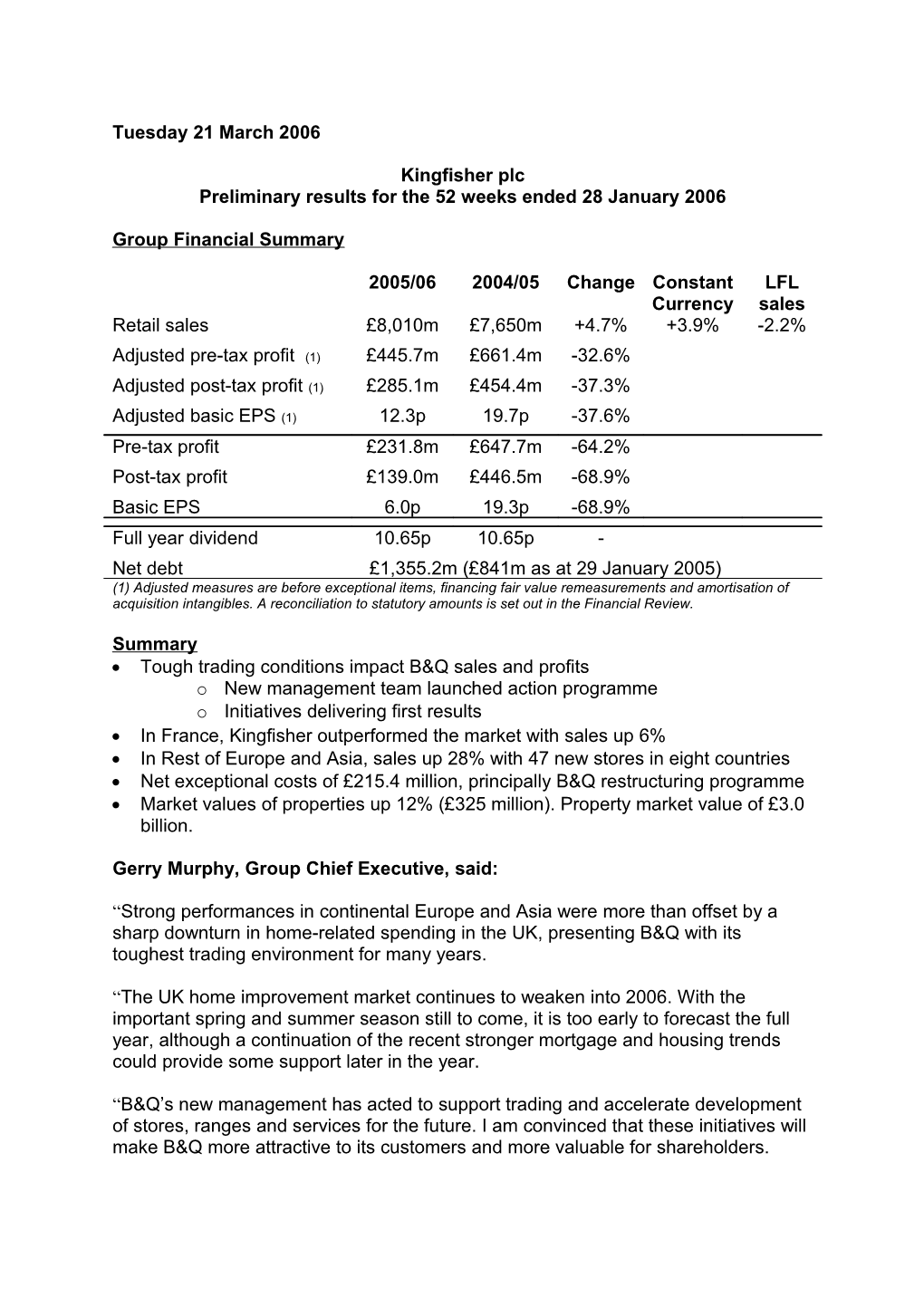 Preliminary Results for the 52 Weeks Ended 28 January 2006