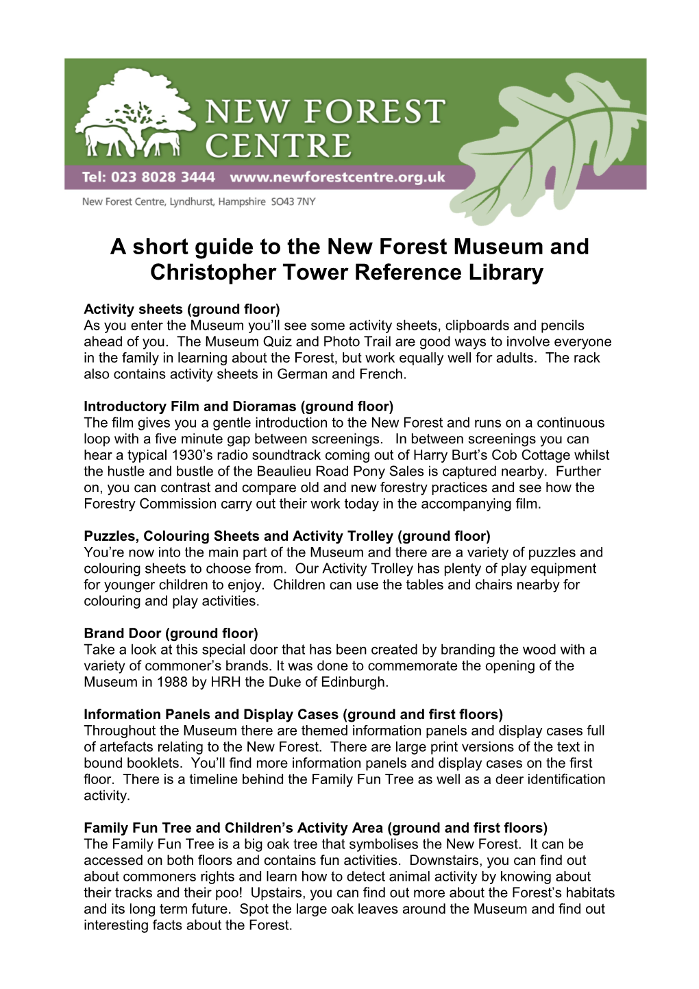 A Short Guide to the New Forest Museum and Christopher Tower Reference Library