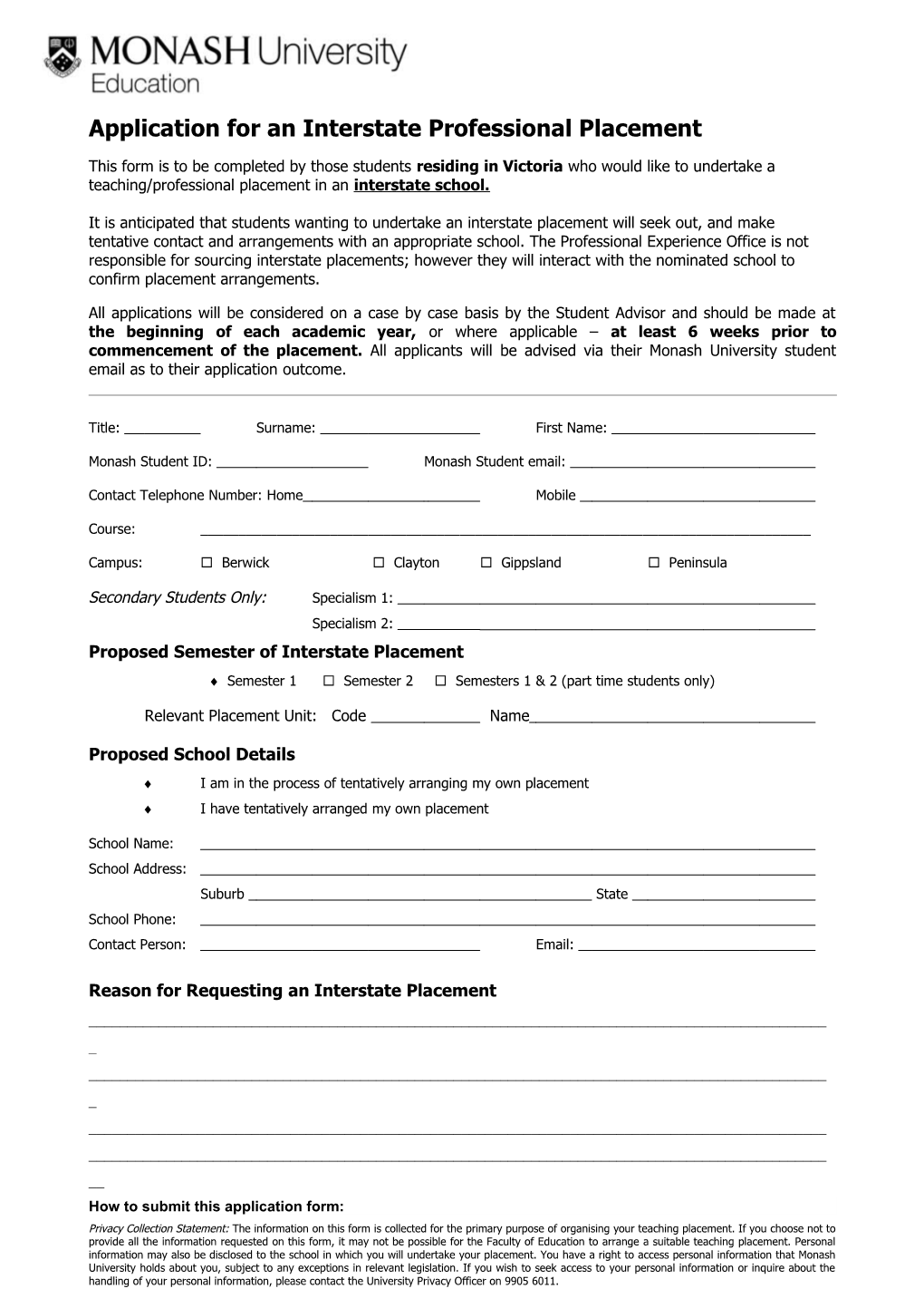 Application for an Interstate Professional Placement