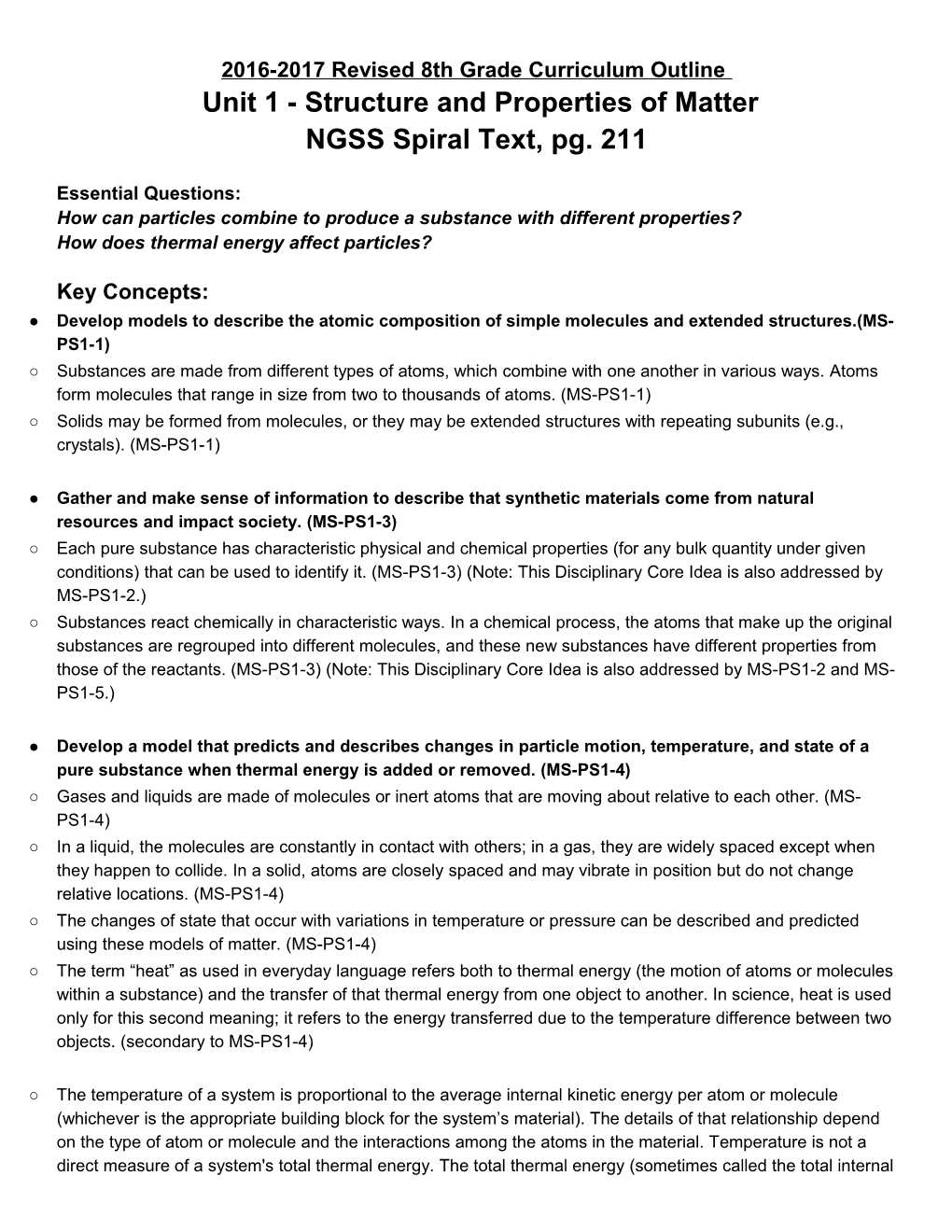 2016-2017 Revised 8Th Grade Curriculum Outline