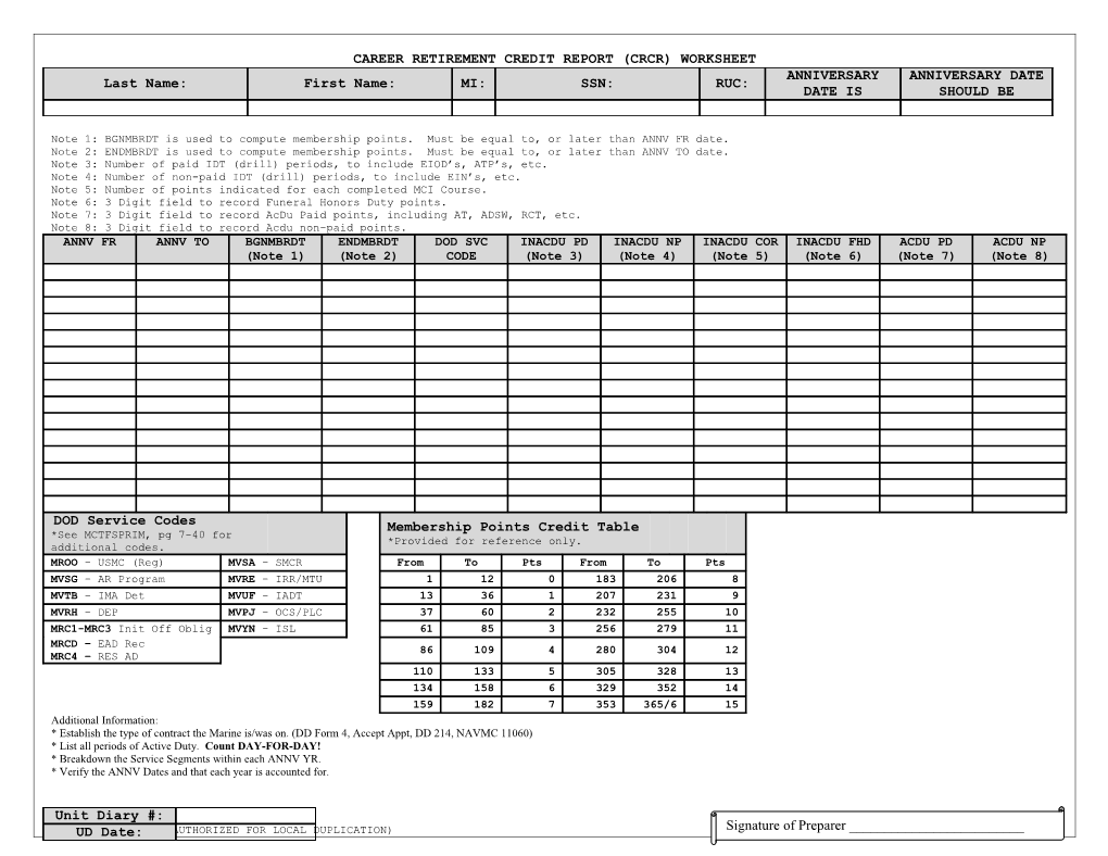 Career Retirement Credit Report (Crcr) Worksheet