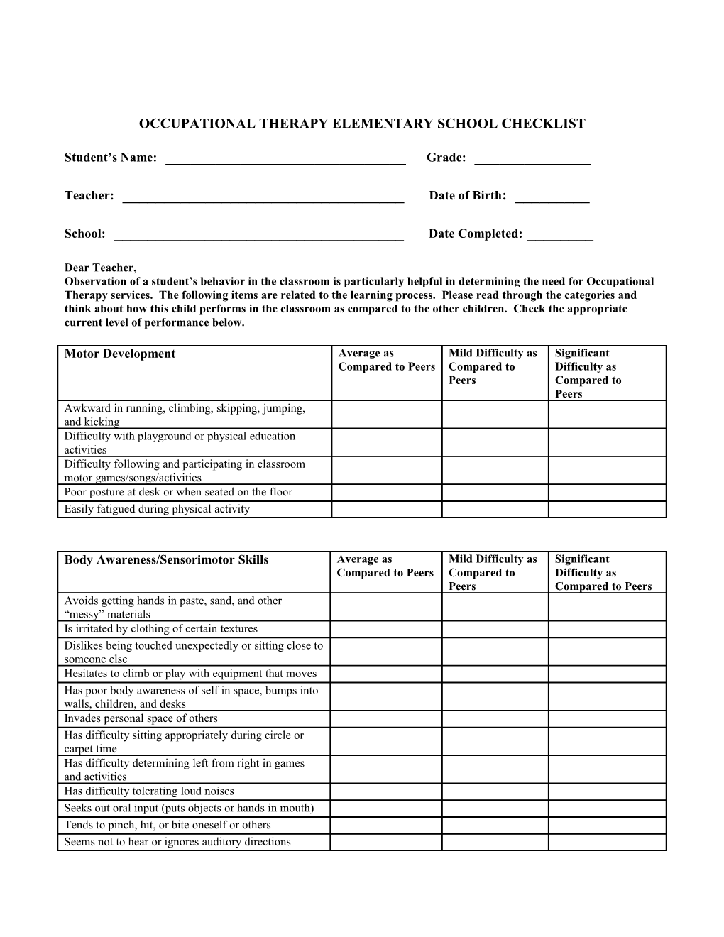 Occupational Therapy Elementary School Checklist