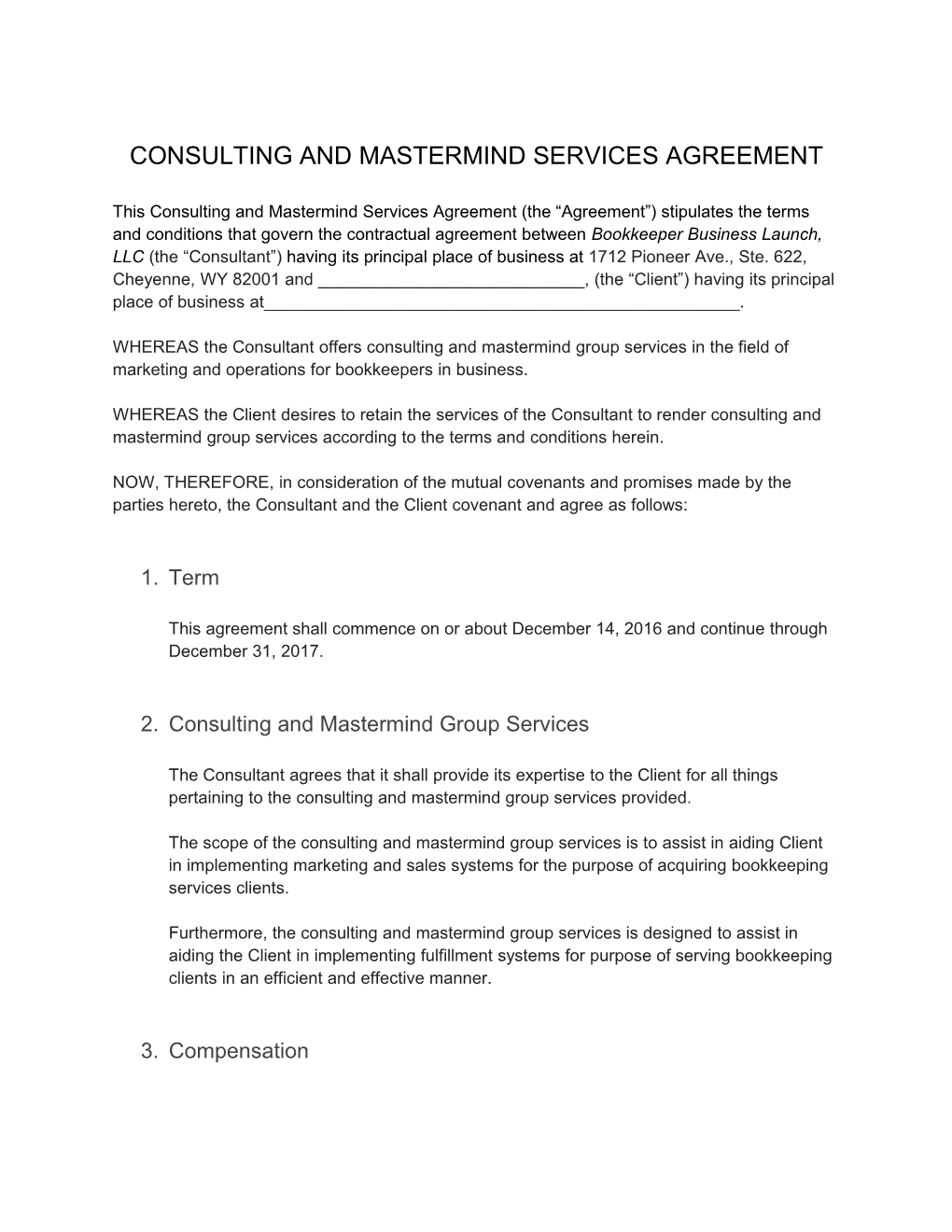 Consulting and Mastermind Services Agreement
