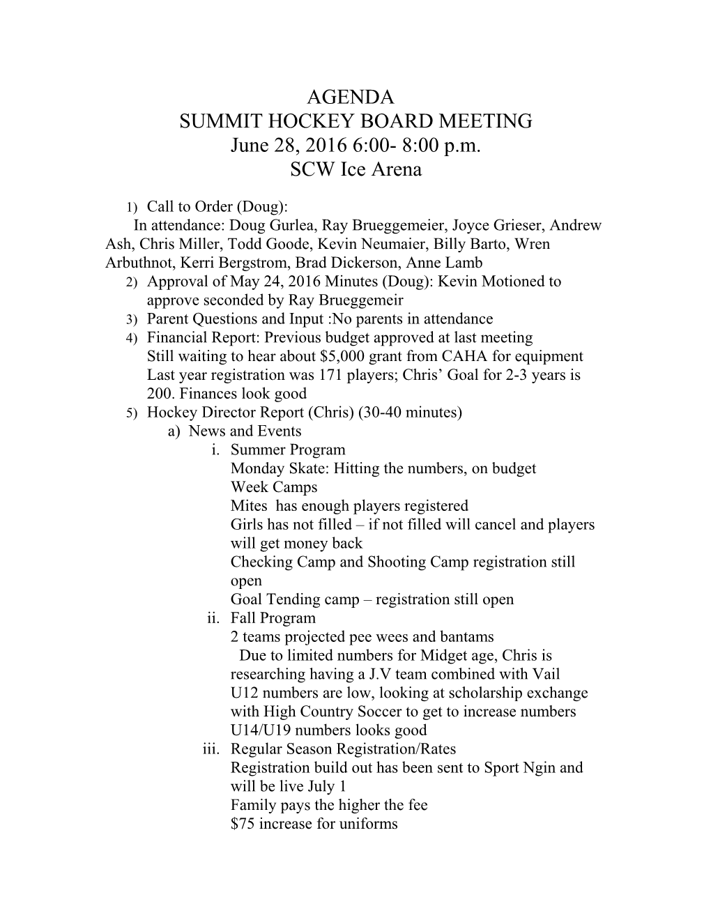Summit Hockey Board Meeting