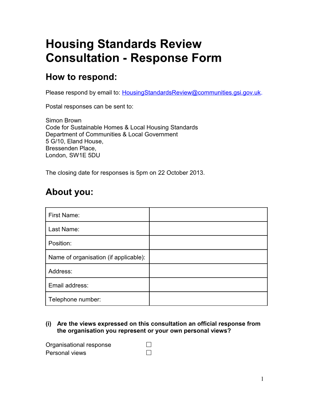 Housing Standards Review Consultation - Response Form