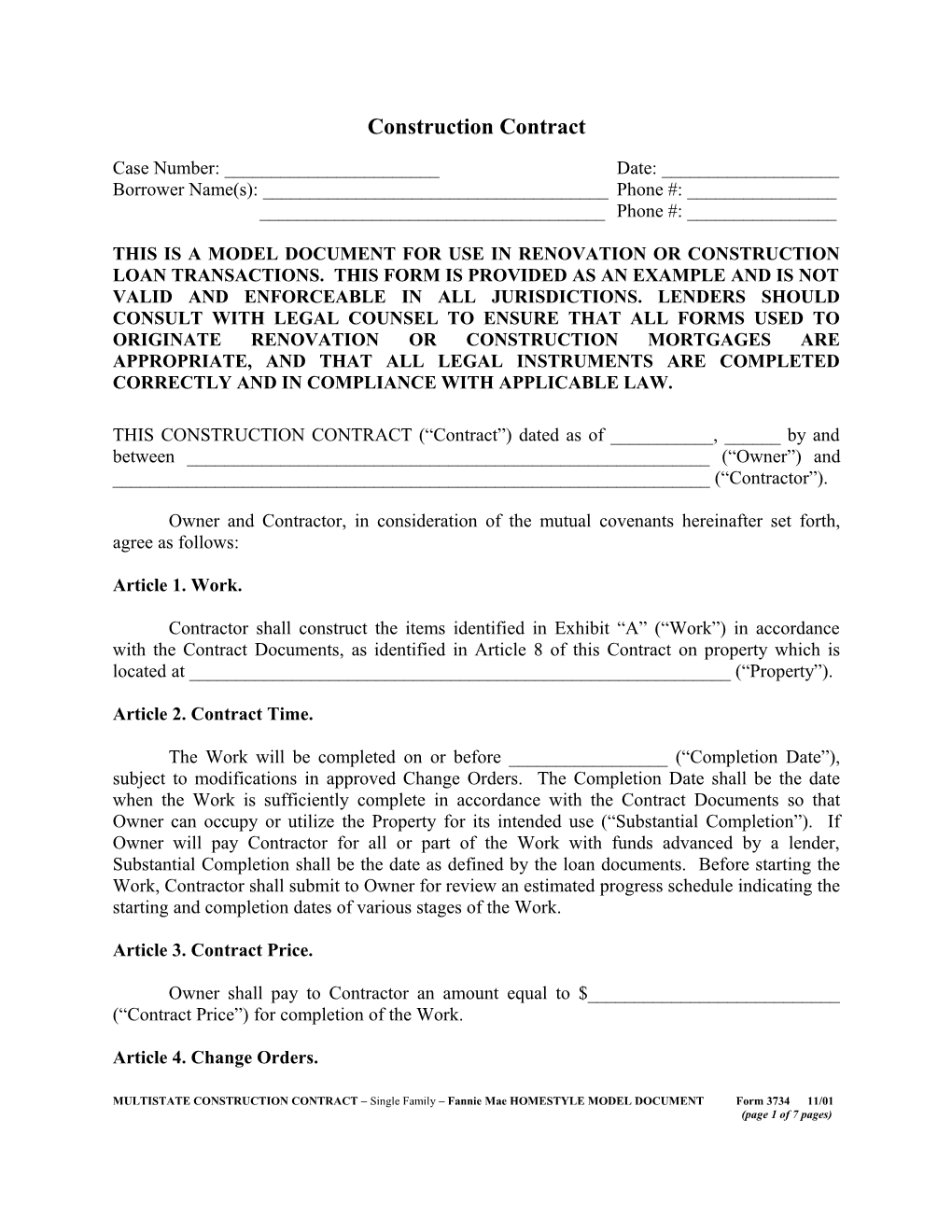 Multistate Construction Contract (Form 3734): Word