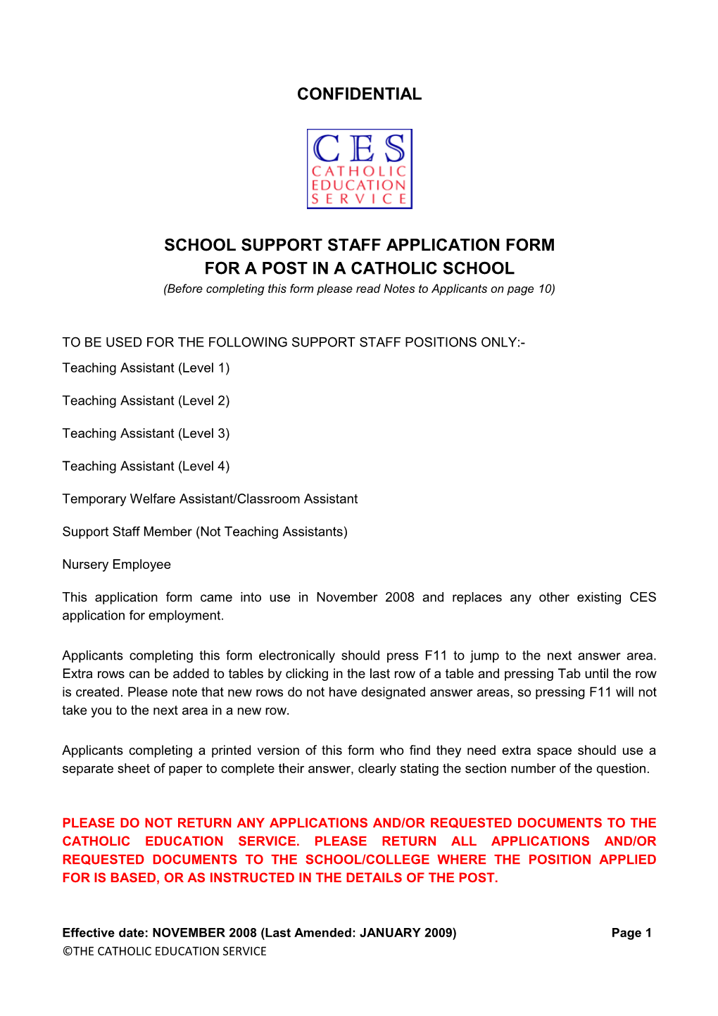 School Support Staff Application Form for a Post in a Catholic School s5