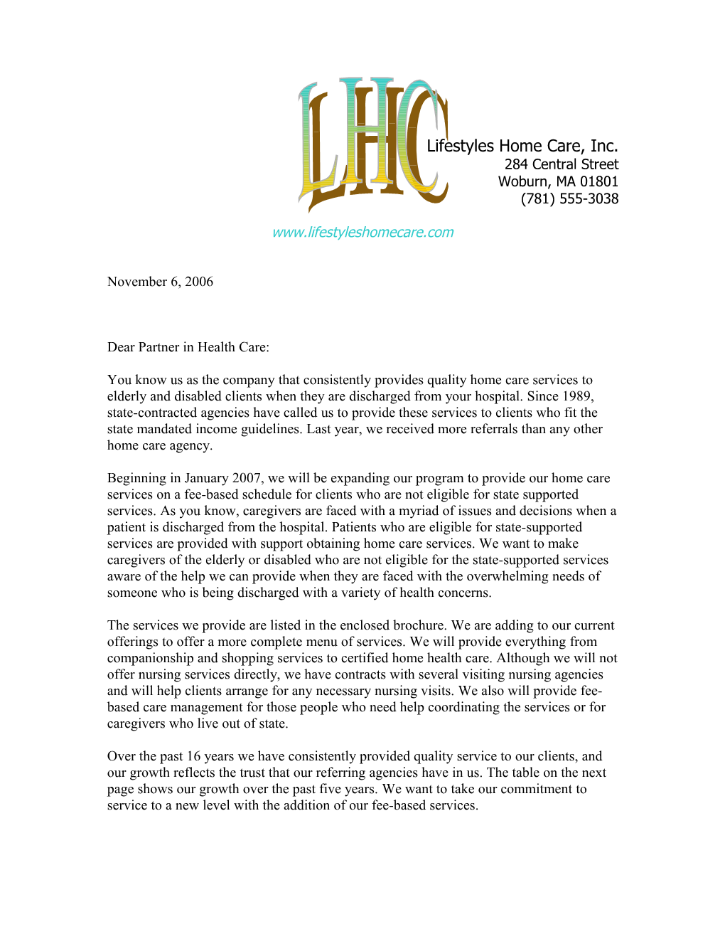 Lifestyles Home Care Hospital Letter