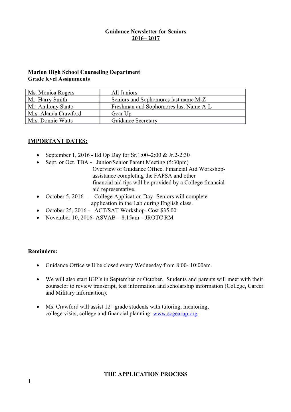 Guidance Newsletter for Seniors