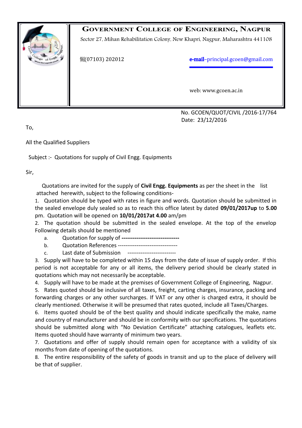 Subject :- Quotations for Supply of Civil Engg. Equipments