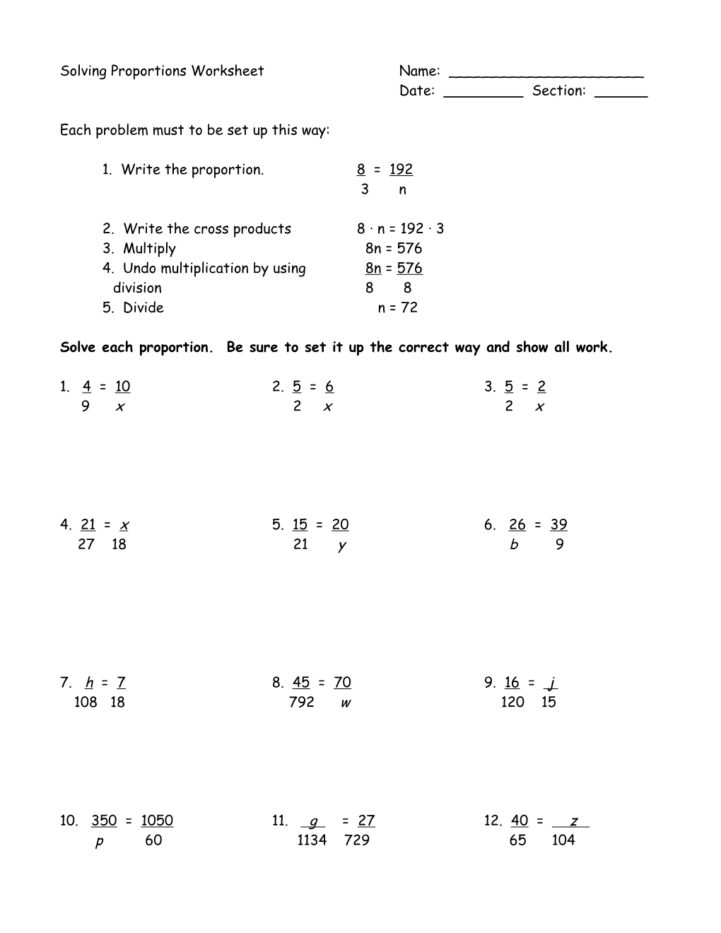 Solving Proportions Worksheet