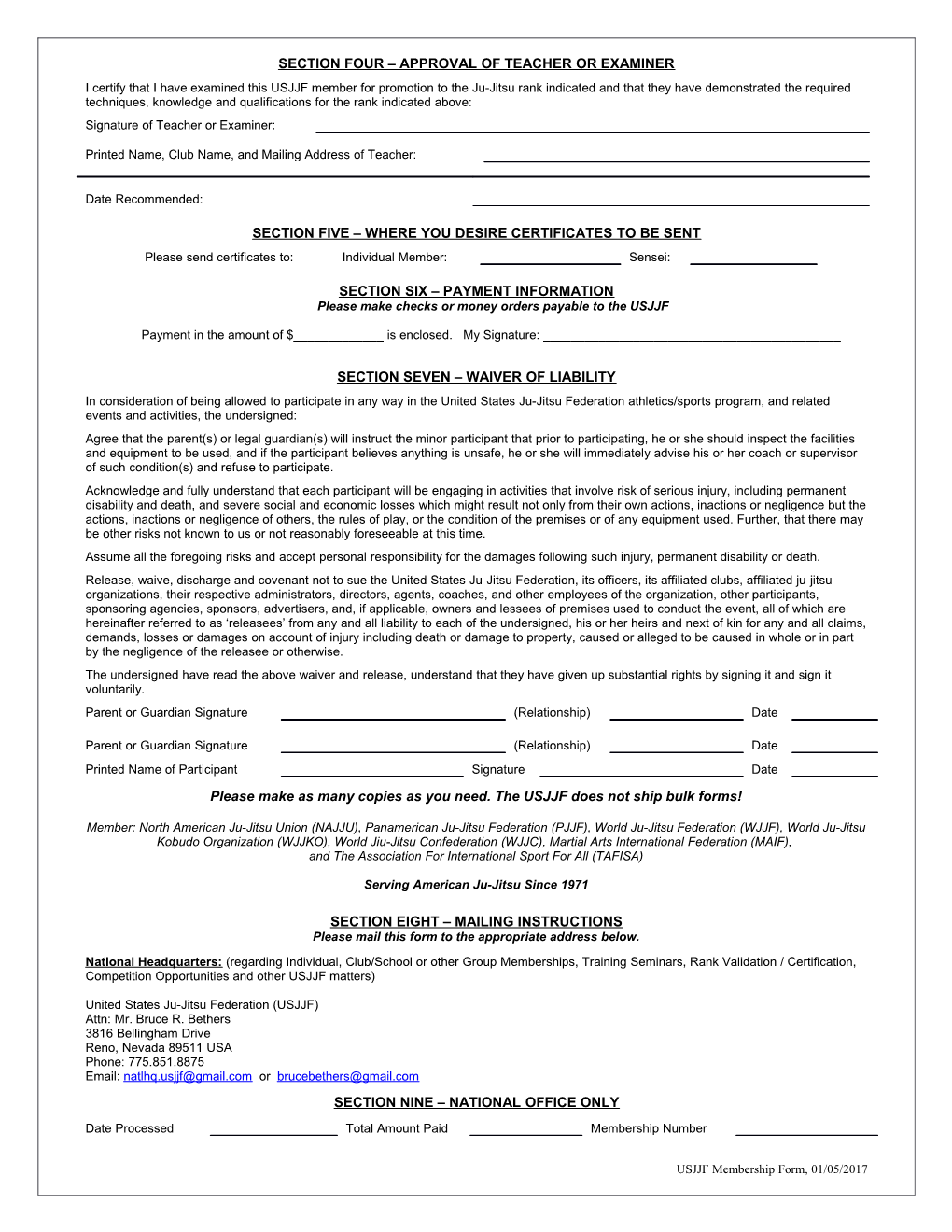 USMA Life Membership, Promotion, Insurance, and Seminar Registration Form