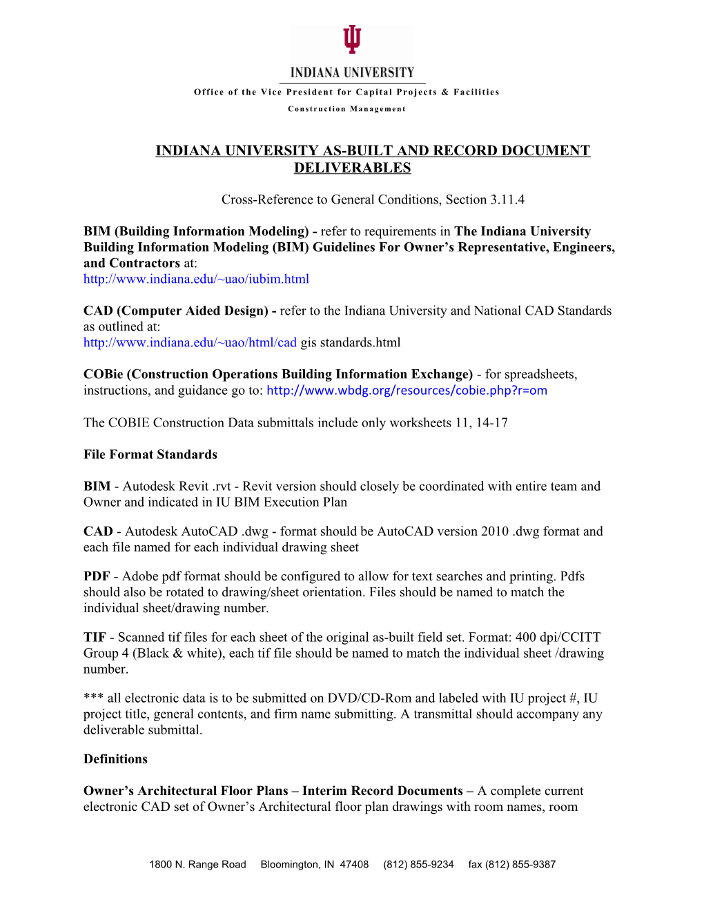 Indiana University As-Built and Record Document Deliverables