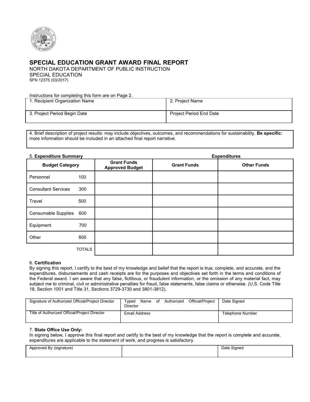 Special Education Grant Award Final Report