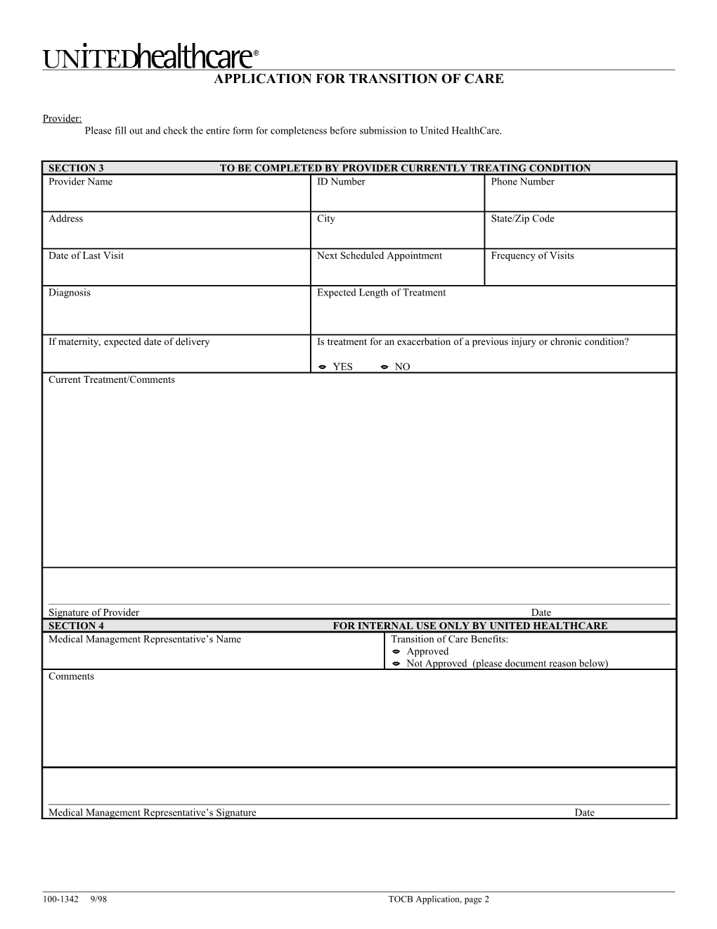 APPLICATION for Transition of Care