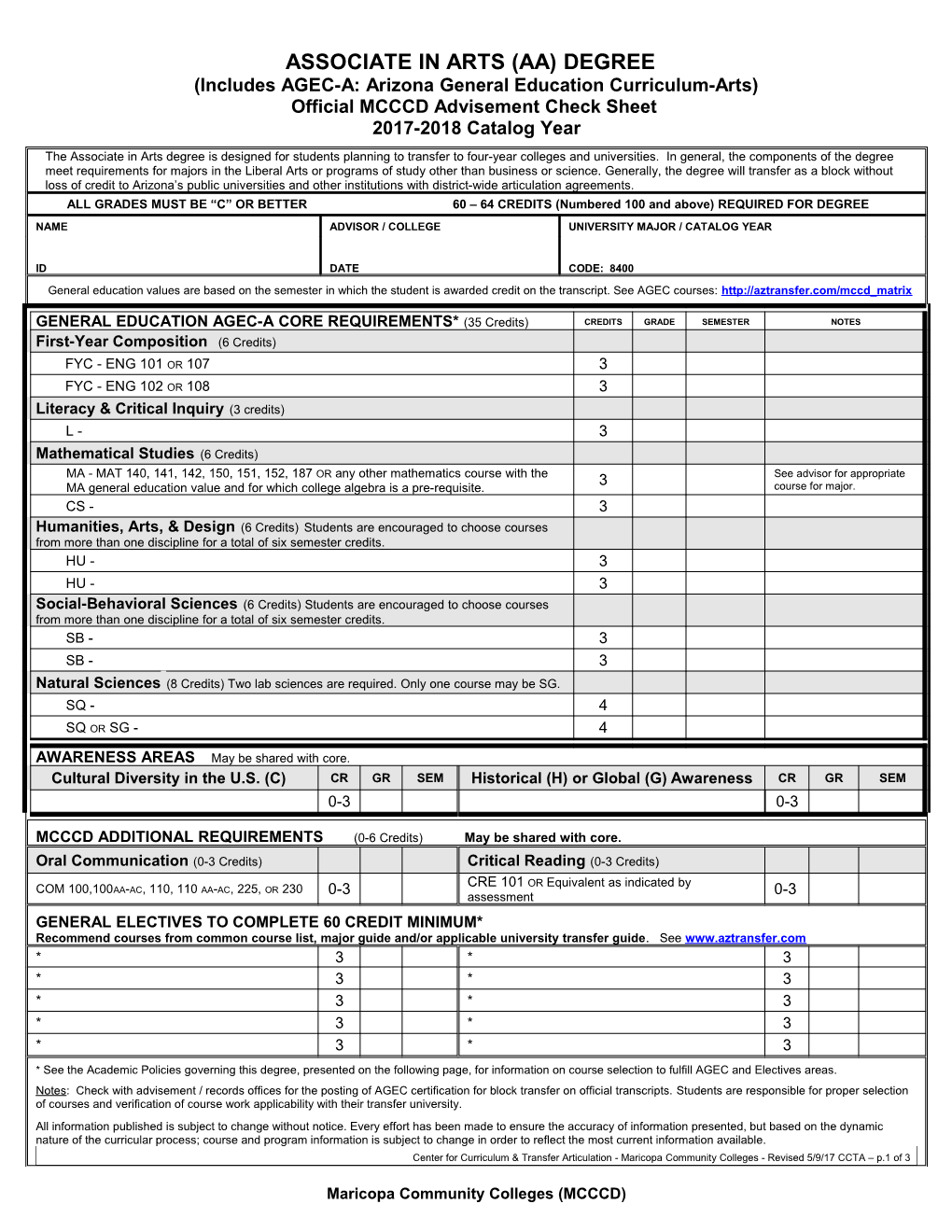 MCCCD Advisement Check Sheet for 2000-2000 Catalog Year