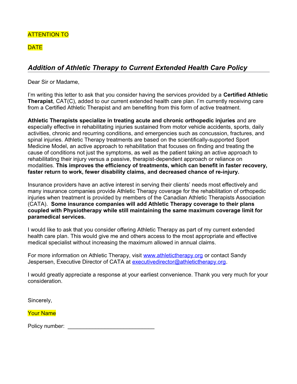 Addition of Athletic Therapy to Current Extended Health Care Policy