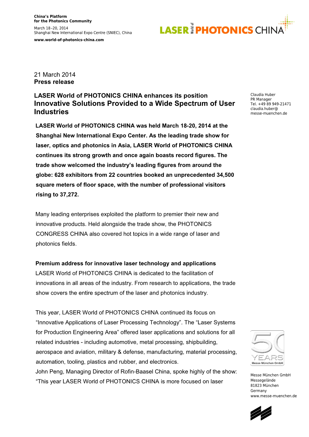 LASER World of PHOTONICS CHINA Enhances Its Position