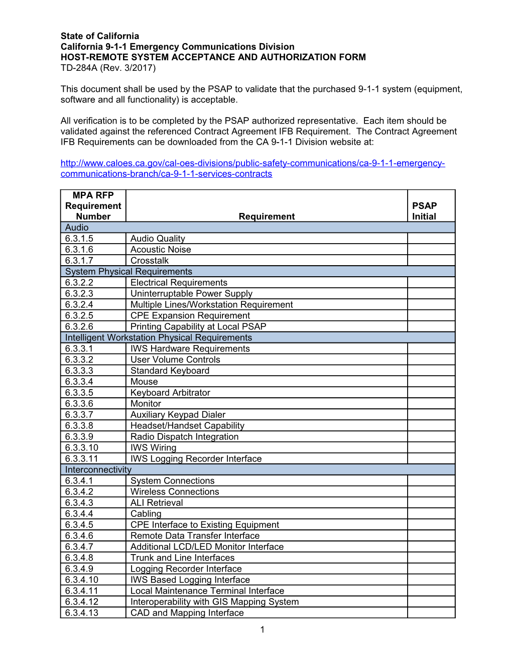 TD-284A, Host-Remote CPE System Acceptance and Authorization Form (Rev. 03/2017)