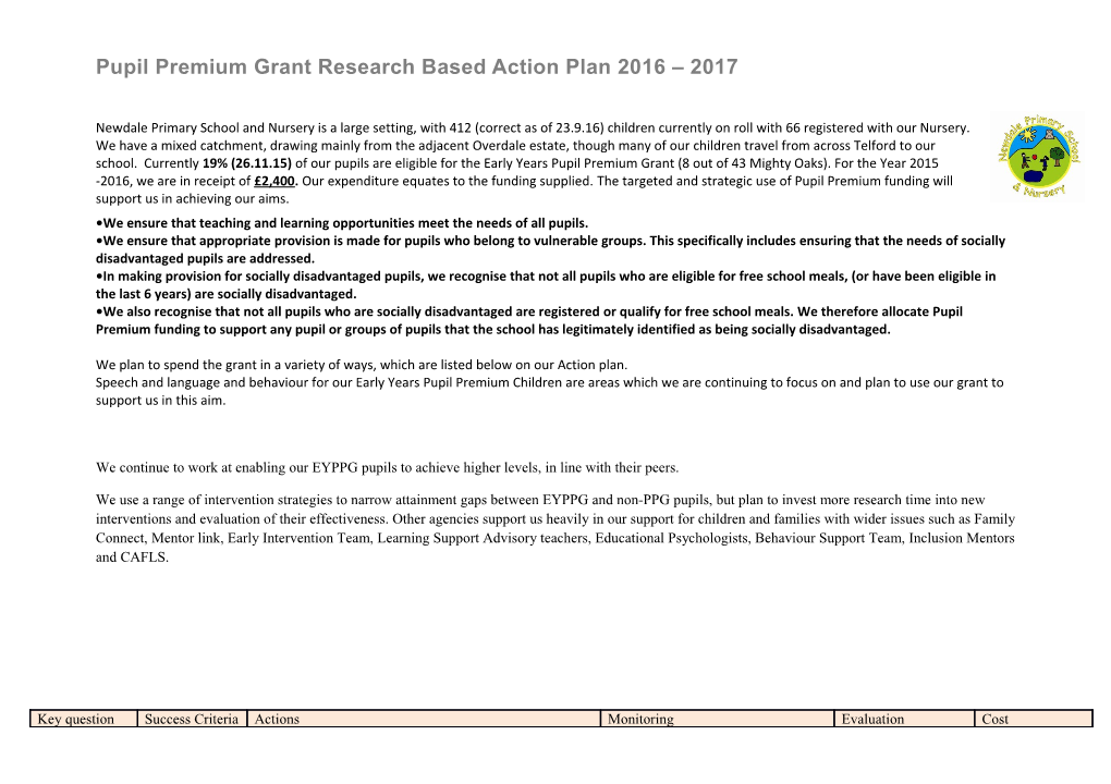 Pupil Premium Grant Research Based Action Plan 2016 2017