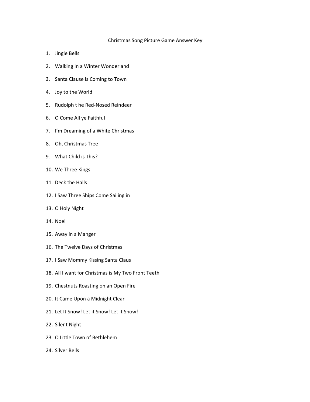 Christmas Song Picture Game Answer Key