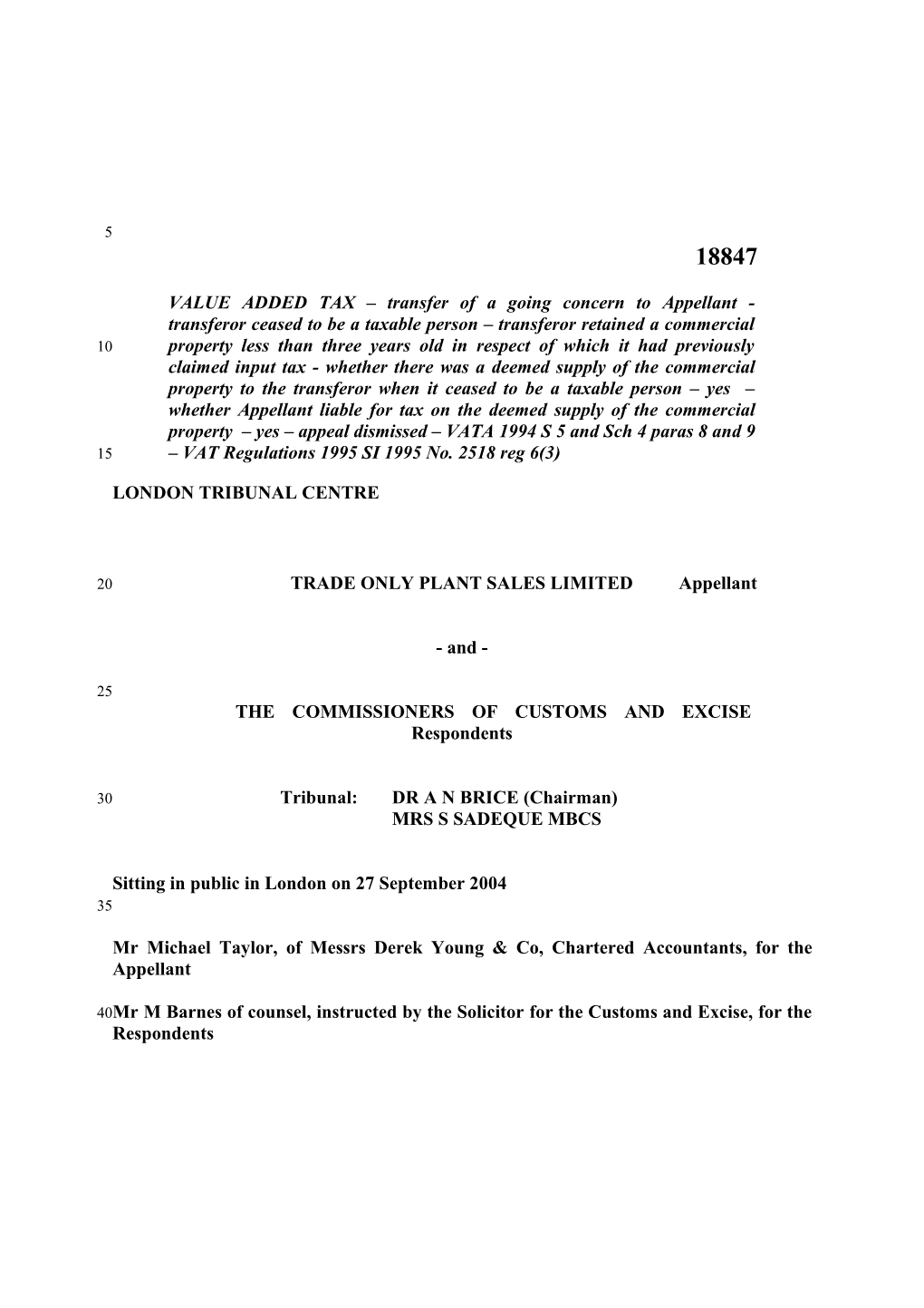 TRADE ONLY PLANT SALES Limitedappellant