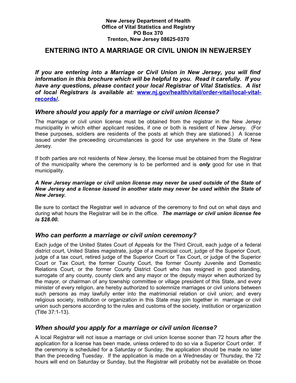 REG-D30, Entering Into a Marriage Or Civil Union in New Jersey