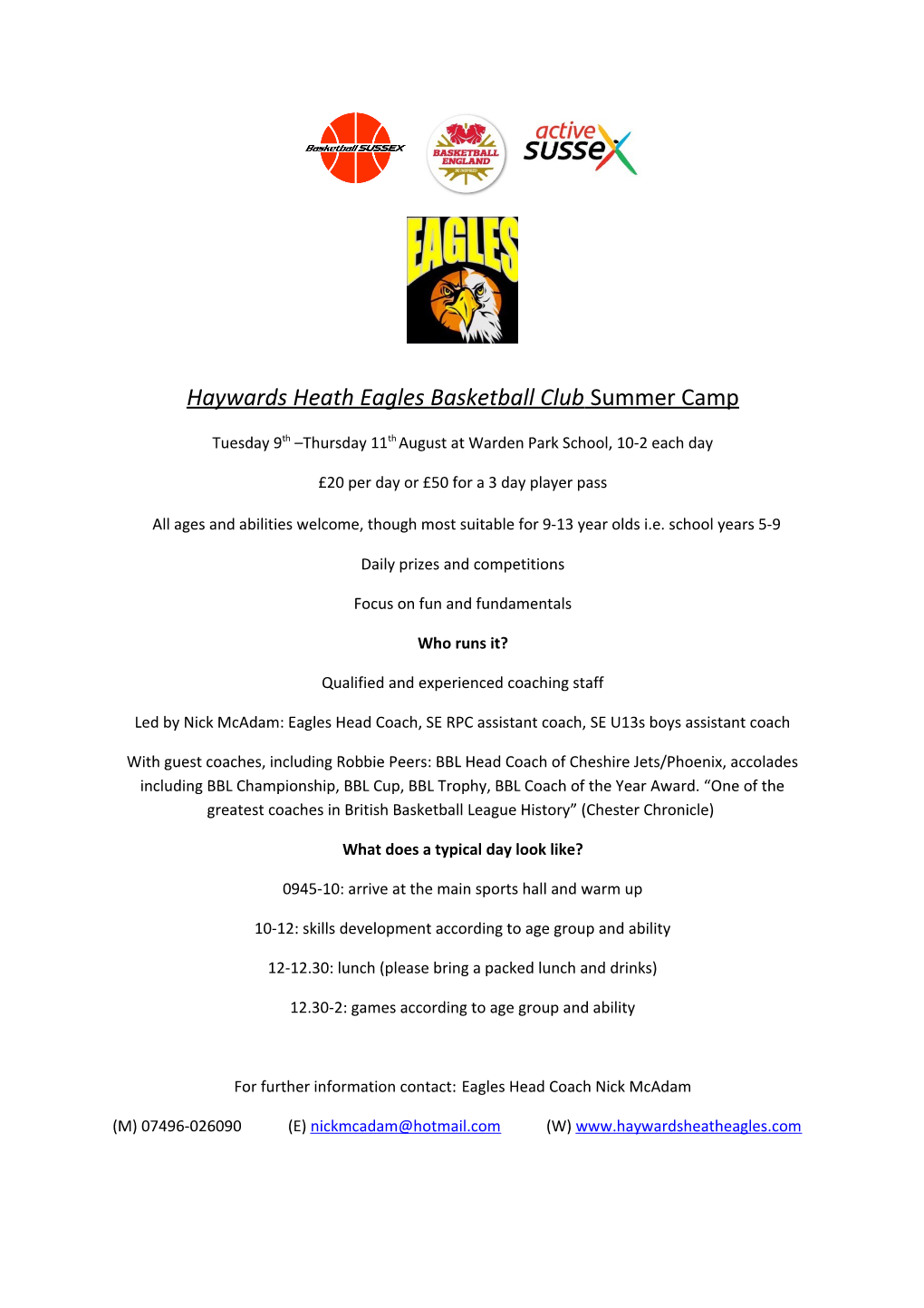 Haywards Heath Eagles Basketball Club Summer Camp