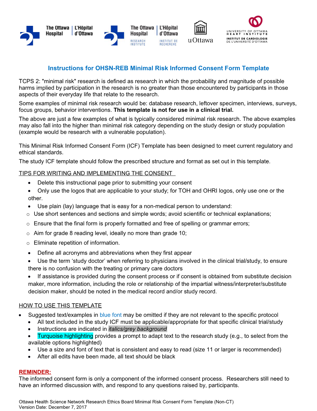 Instructions for OHSN-REB Minimal Risk Informed Consent Form Template
