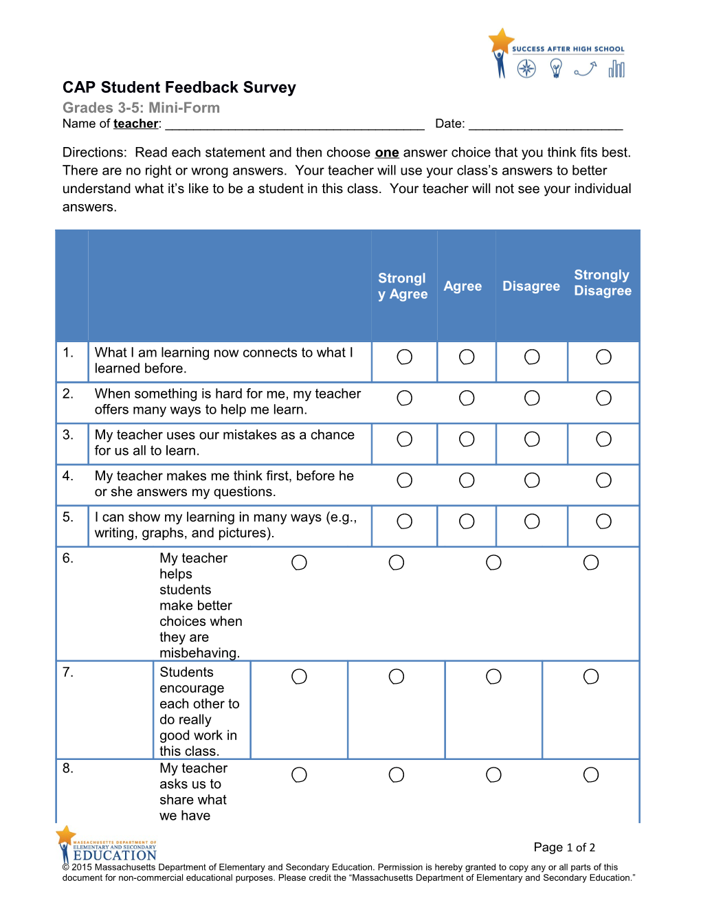 CAP Student Feedback Survey Gr 3-5 Mini