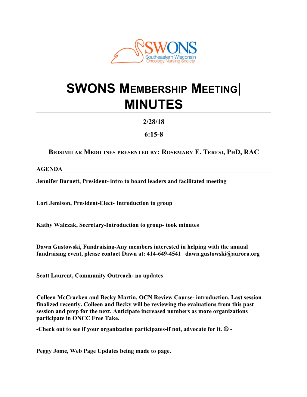 SWONS Membership Meeting MINUTES