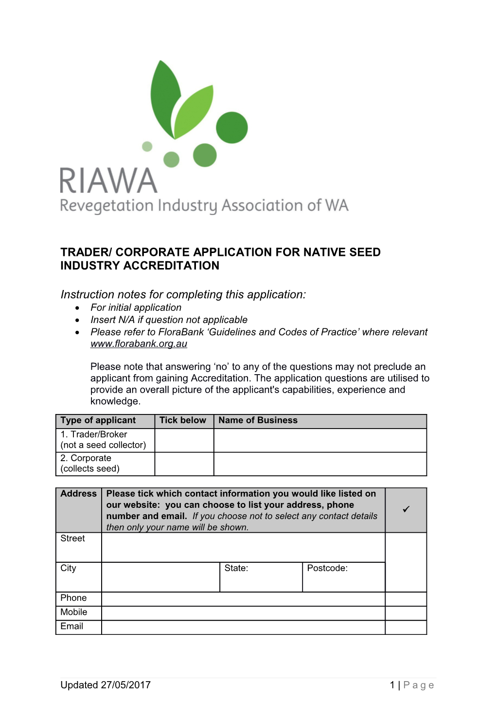 Trader/ Corporate Application for Native Seed Industry Accreditation