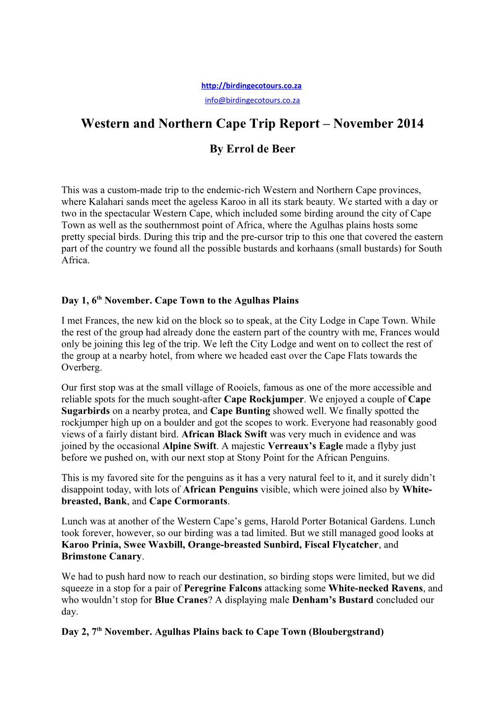Western and Northern Cape Trip Report November 2014