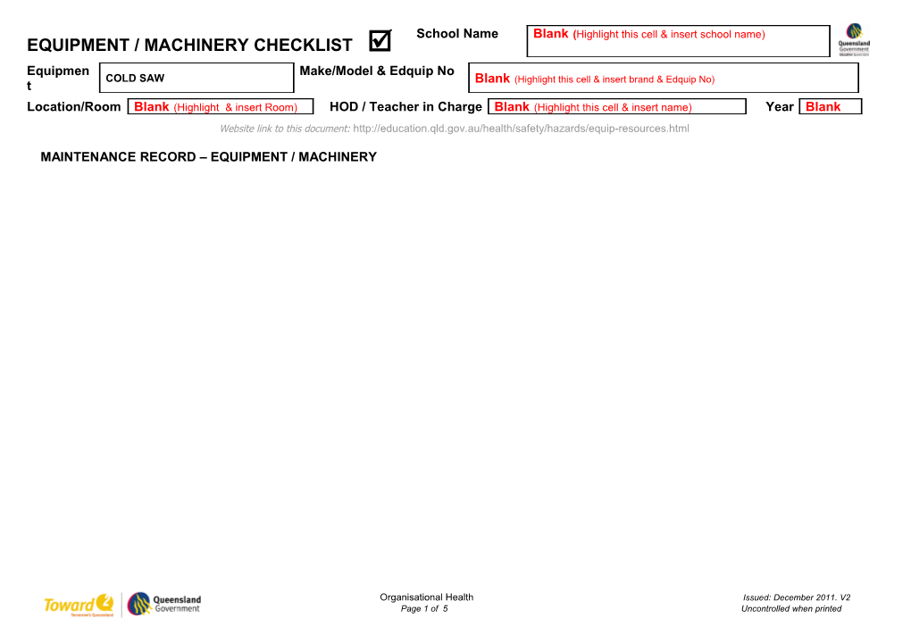 Maintenance Record Equipment / Machinery s4