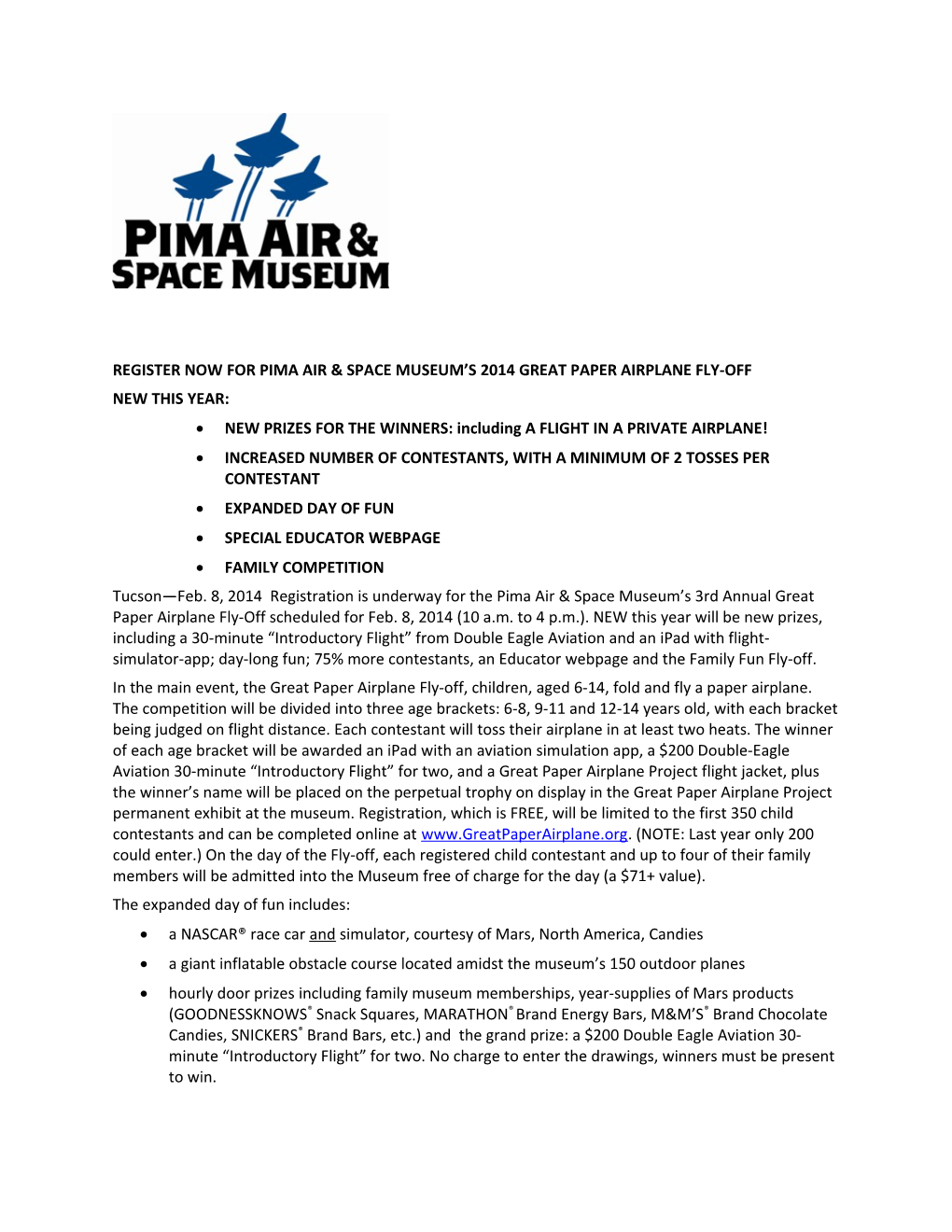 Register Now for Pima Air & Space Museum S 2014 Great Paper Airplane Fly-Off