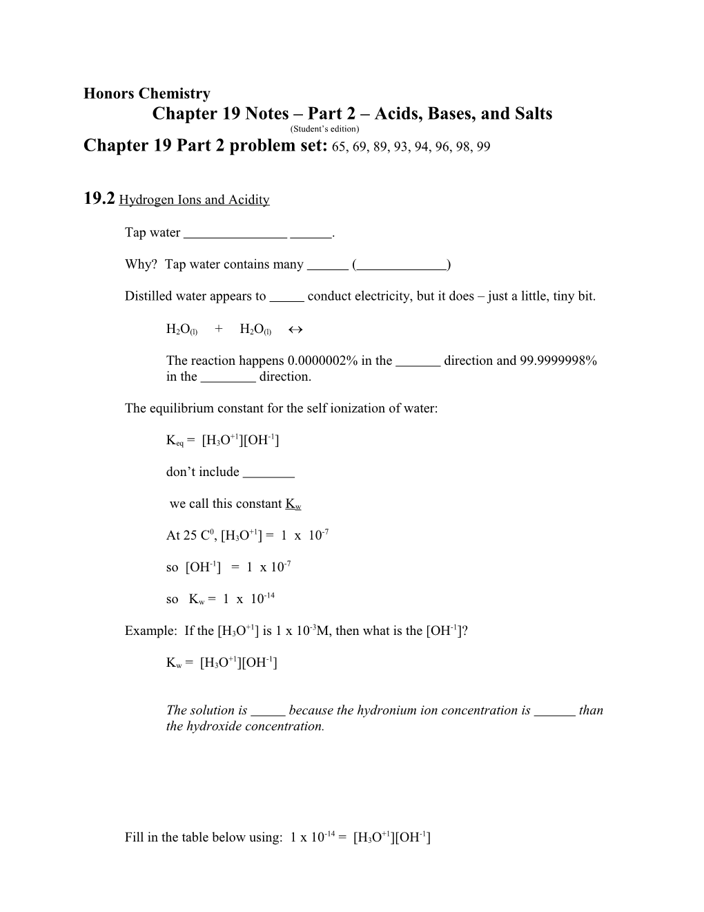 Chapter 19 Notes Part 2 Acids, Bases, and Salts