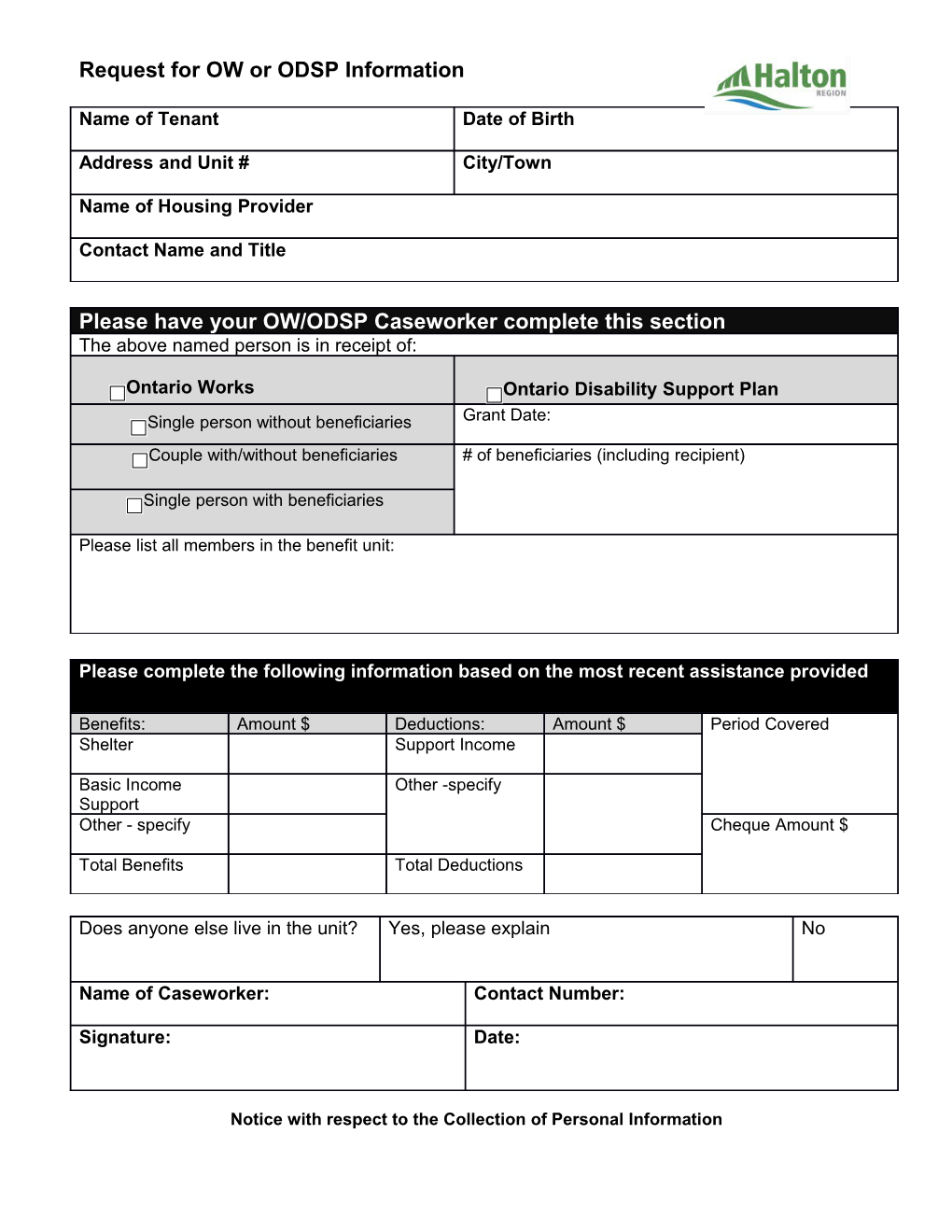 Request for OW Or ODSP Information