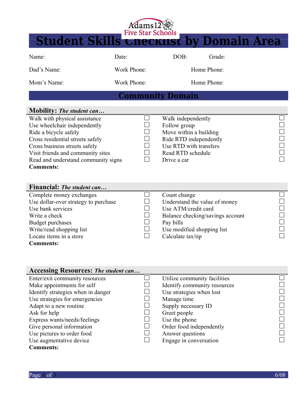 Student Skills Checklist by Domain Area