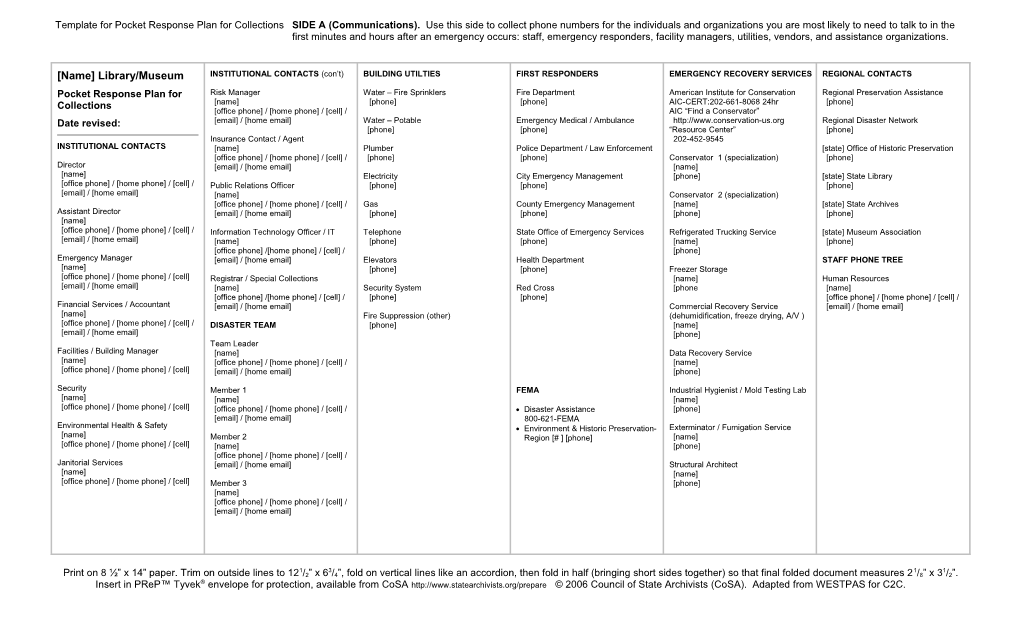 Template for Pocket Response Plan for Collections SIDE a (Communications). Use This Side