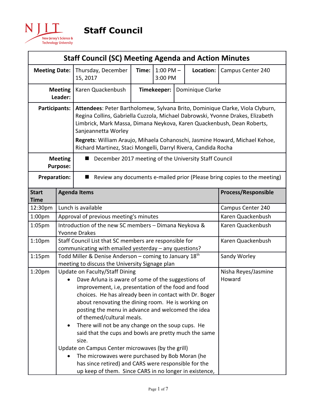 Staff Council (SC) Meeting Agenda and Action Minutes